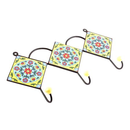Yellow And Turquoise Ceramic Floral Tiles Hooks
